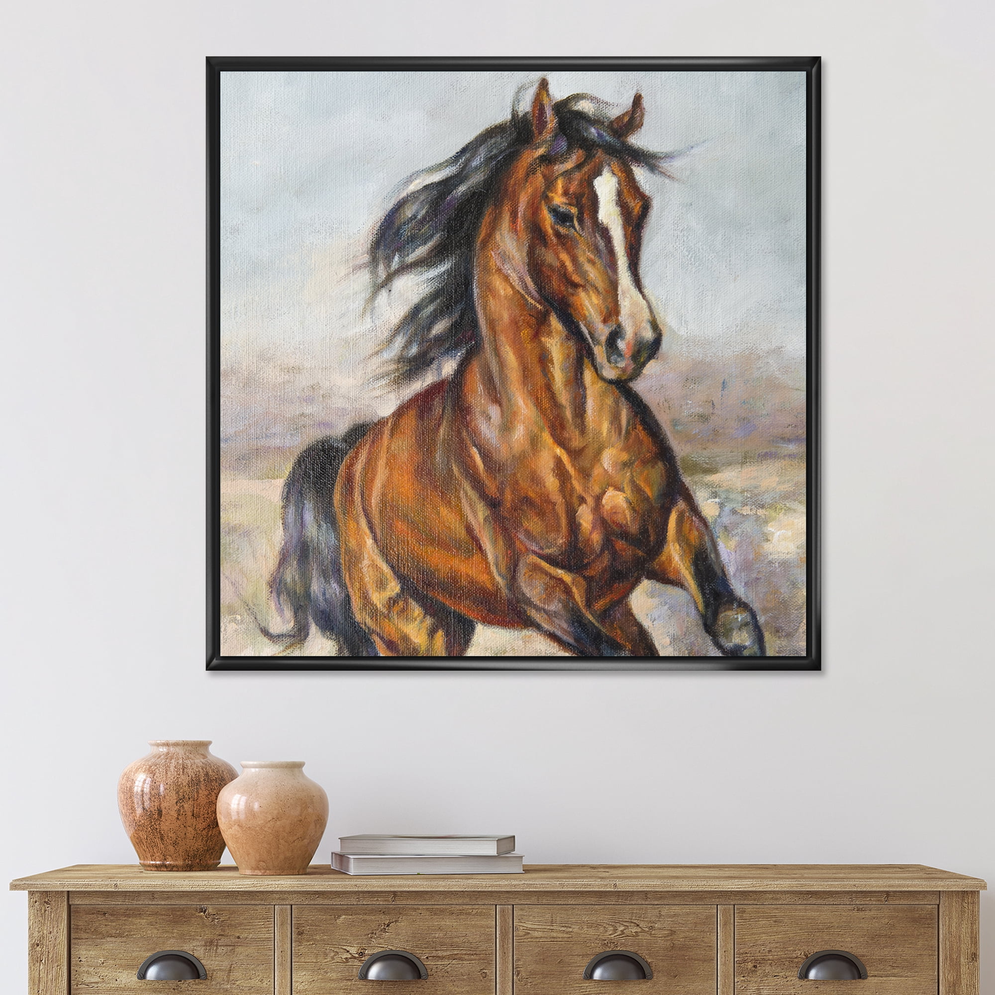 Designart 'Close Up Portrait Of A Horse In The Race' Farmhouse Framed Canvas Wall Art Print
