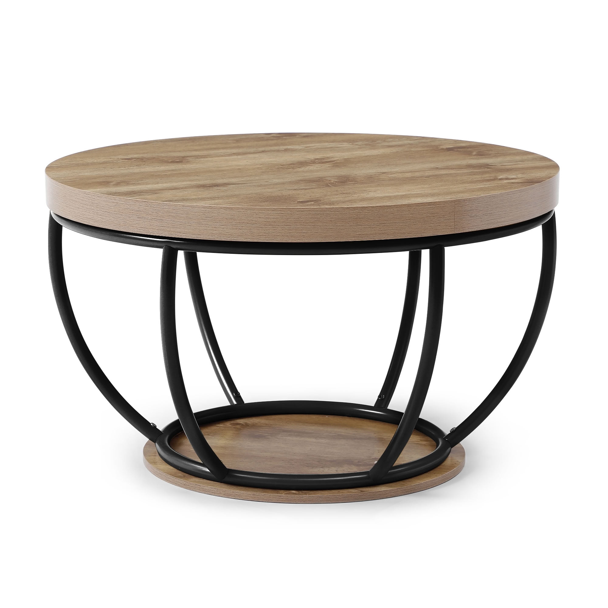 MAYEERTY 31 Inch Round Coffee Table, 2-Tier Cocktail Table with Metal Frame, Dual Storage Shelves for Living Room Apartment Home Office