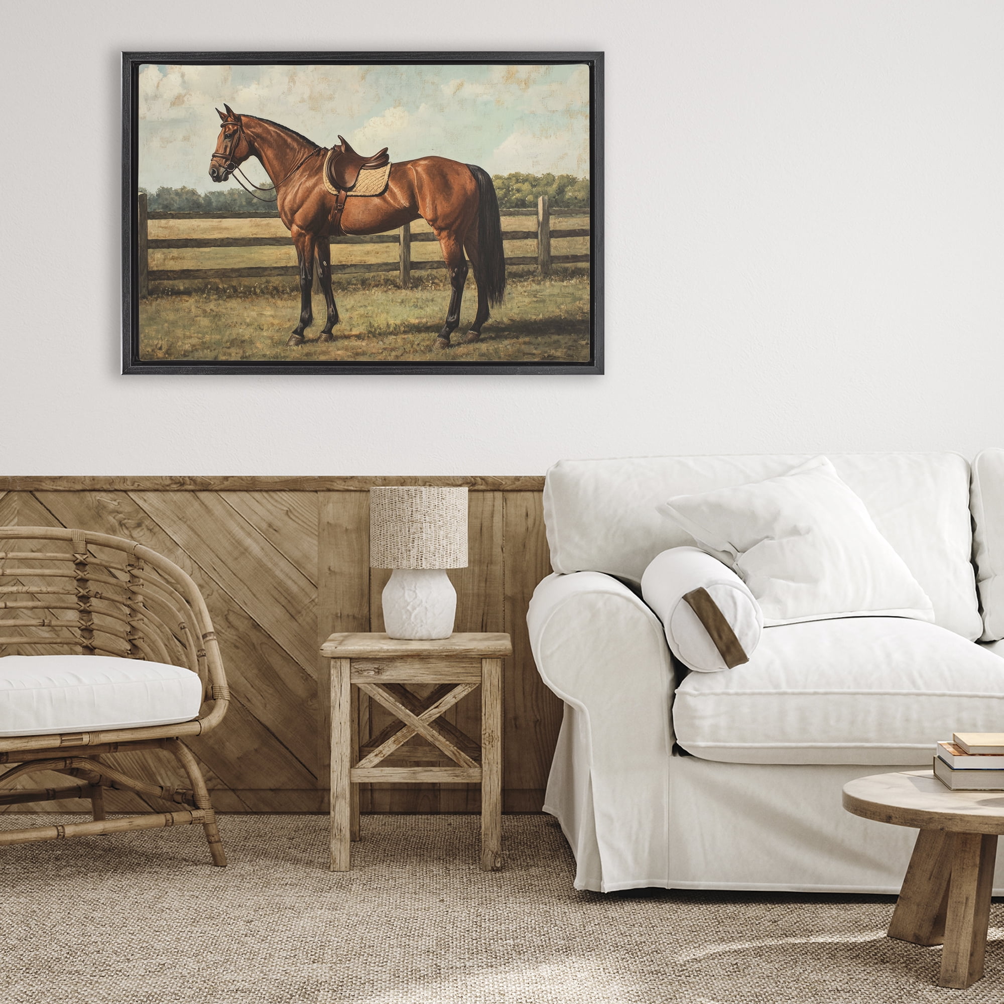 Stupell Industries Chocolate Stag Saddled in Pasture Black Framed Floater Canvas Wall Art, design by Petal Prints Design