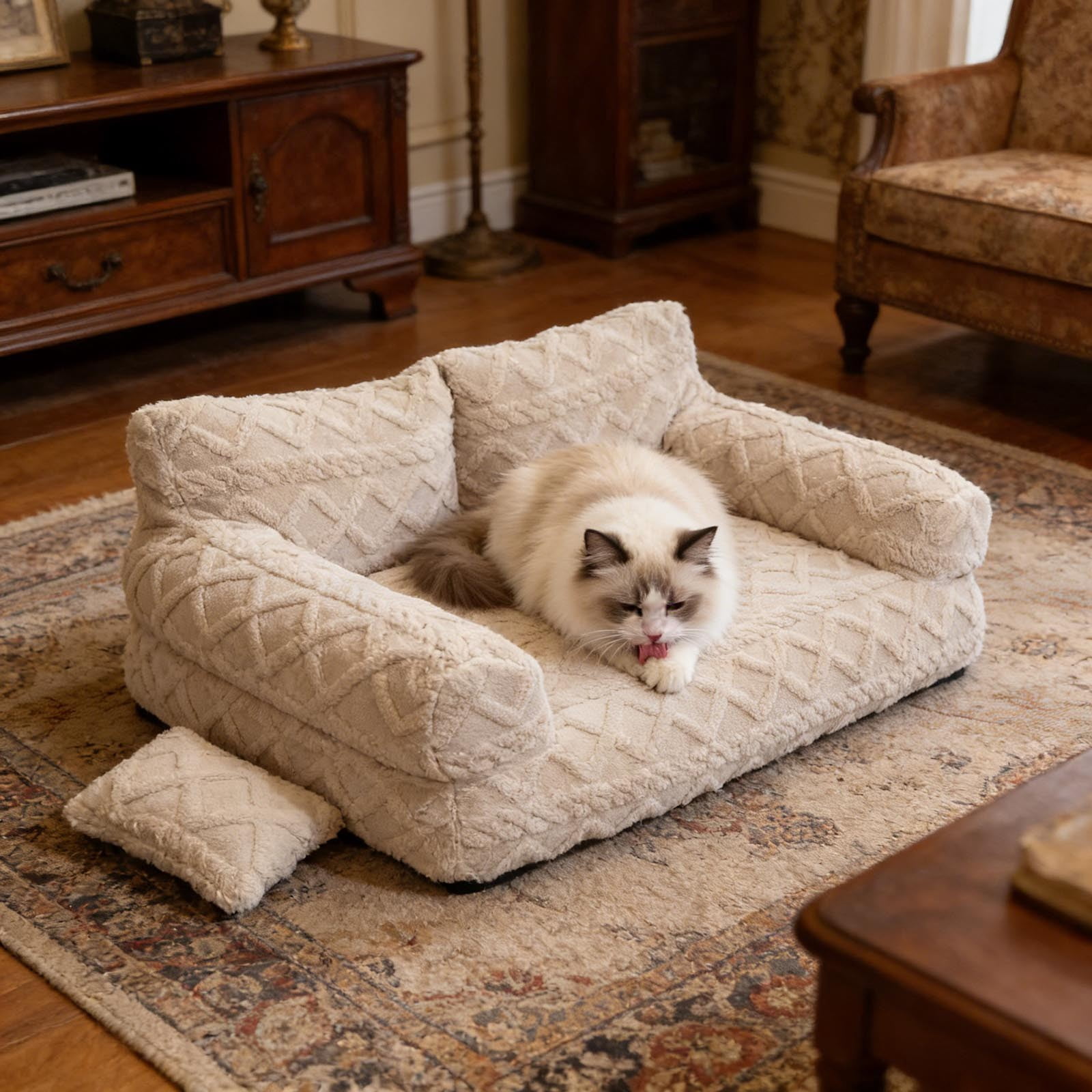Orthopedic Pet Sofa Bed Removable Washable Plush Cushion Supportive Calming Sleeping Couch for Small Medium Dog Cat Indoor Rest White - XL