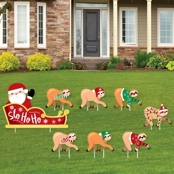 Big Dot of Happiness Sloth Christmas Santa Sleigh - Yard Sign and Outdoor Lawn Decorations - Merry Slothmas Holiday Party Yard Signs - Set of 8