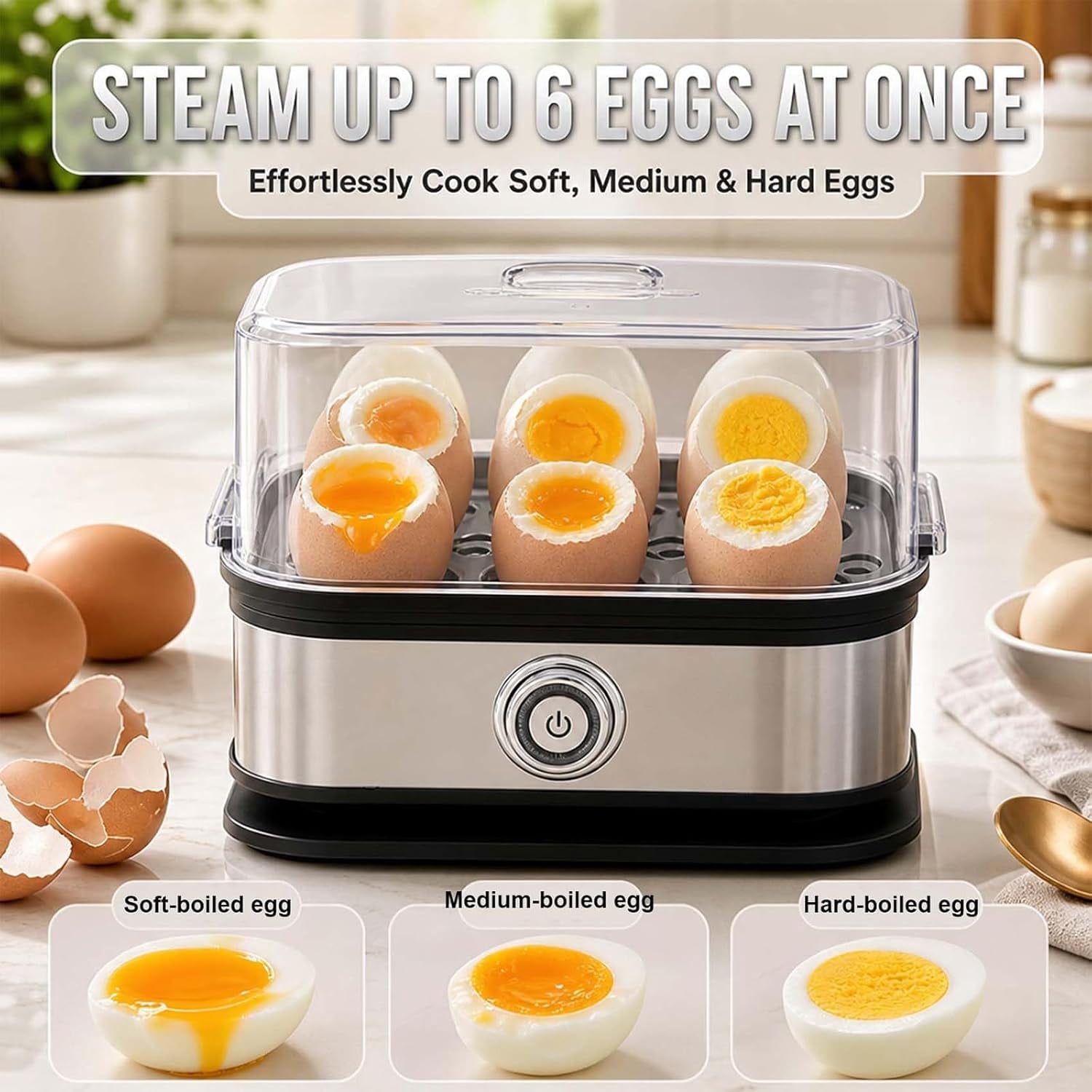 Multifunctional Egg Steamer with Clear Lid, 6 Capacity Electric Egg Cooker for Hard Boiled Eggs | Rapid 360° Steamer with Auto Shut-Off, Compact Metal Design for RV, Dorms & Fitness Meal Prep (1Pcs)