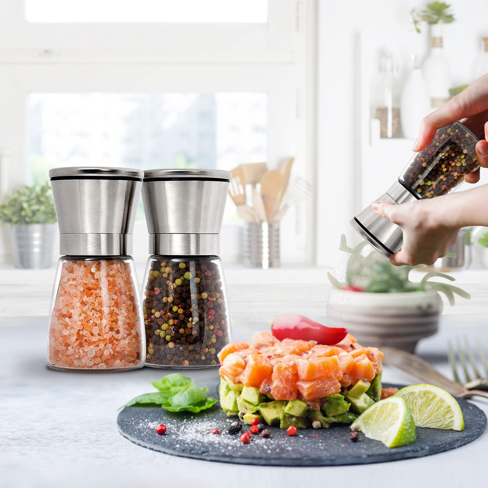 Salt and Pepper Grinder Set Refillable Adjustable Coarseness Stainless Steel with Ceramic Rotor Kitchen Spice Mills Set of 2