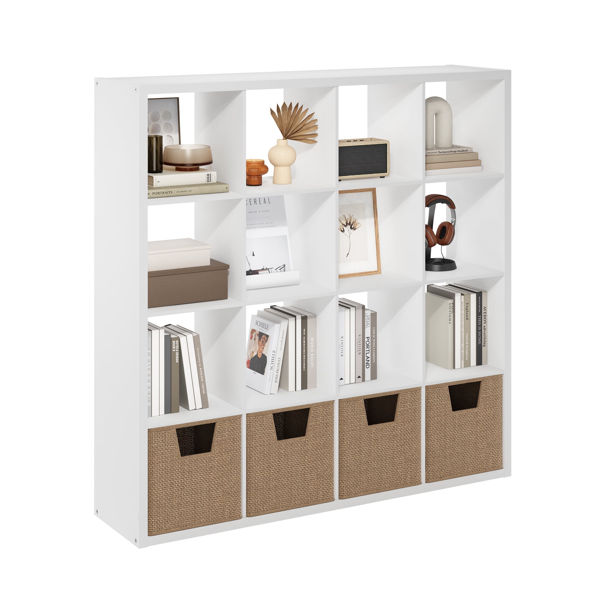 Furinno CUBICLE Book Shelf, 16-Cube Thick Frame Bookshelf, Reversible Bookcase with Open Back, 14.6 x 57.8 x 58, for Living Room, Bedroom, Home Office, White
