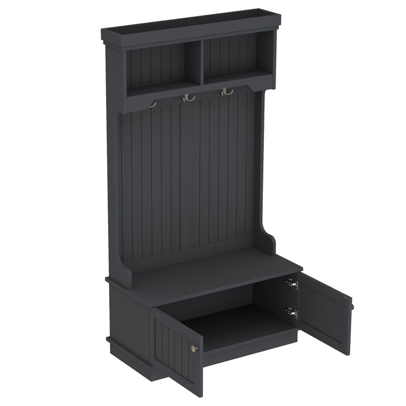 Small Entryway Hall Tree with Shoe Storage Bench, Hallway 4-in-1 Design Coat Cabinet with Hooks & Open Compartments