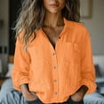 thumbnail image 3 of Women's Cotton Linen Down Shirt 2025 Spring Casual Long Sleeve Solid Color Shirts, Loose Fit Work Tops with Pockets for Daily Wear, Office Use, and Casual Outfits Orange XXXL, 3 of 6