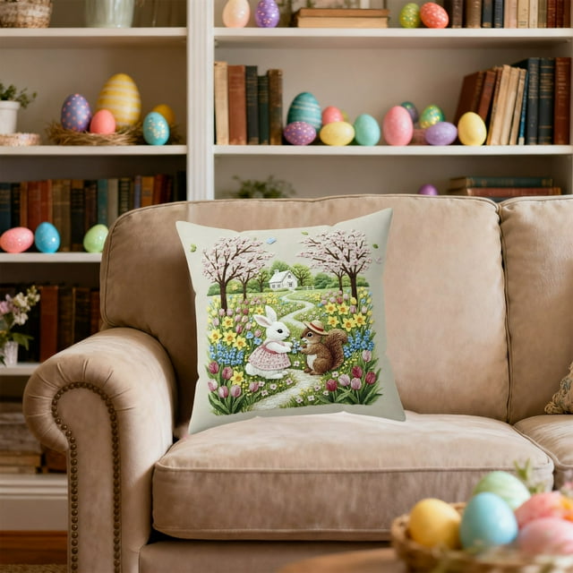 Bunny Easter Pillow Covers 18x18,Rabbit Greenery Flower Easter Decorations Spring Outdoor Embroidered Farmhouse Pillows Decorative Throw Pillows Cases Indoor Decor Cushion Covers for Home Sofa