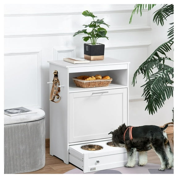 Pet Feeder Station with Storage, Dog Food Cabinet with Raised Bowls, White Wood Pet Dining Center; Organizer for Food, Water, Treats & Supplies
