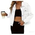 thumbnail image 2 of Women's White Studded Cropped Denim Jacket Casual Long Sleeve Trucker Outerwear, 2 of 8