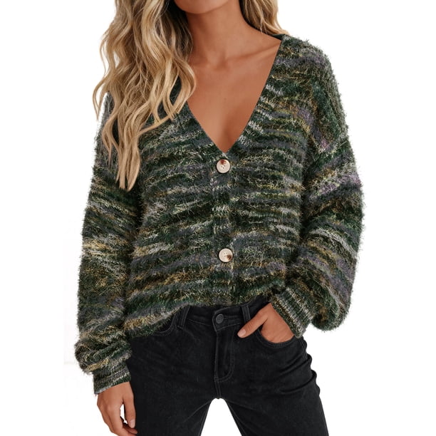 Suéter PRETTYGARDEN de rayas con cuello en V y botones, manga larga, talla L
