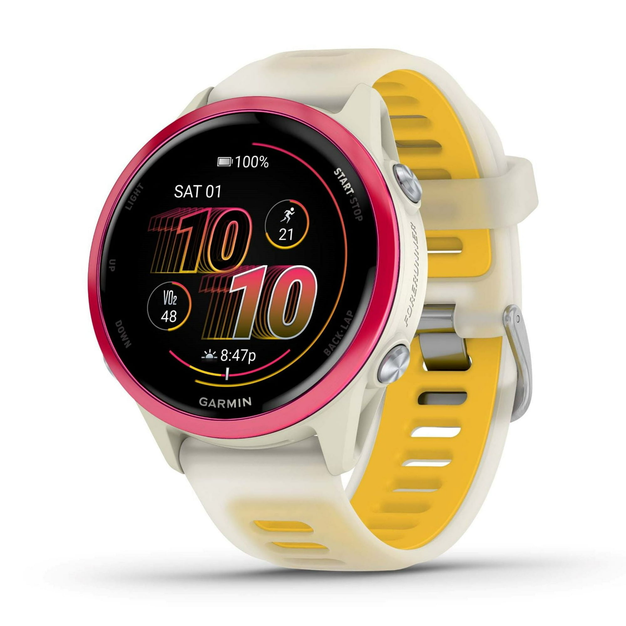 Garmin Forerunner 570, 42mm, Advanced GPS Running and Triathlon Smartwatch, AMOLED Display, Training and Recovery Features, Raspberry Aluminum with Translucent Bone/Mango Band