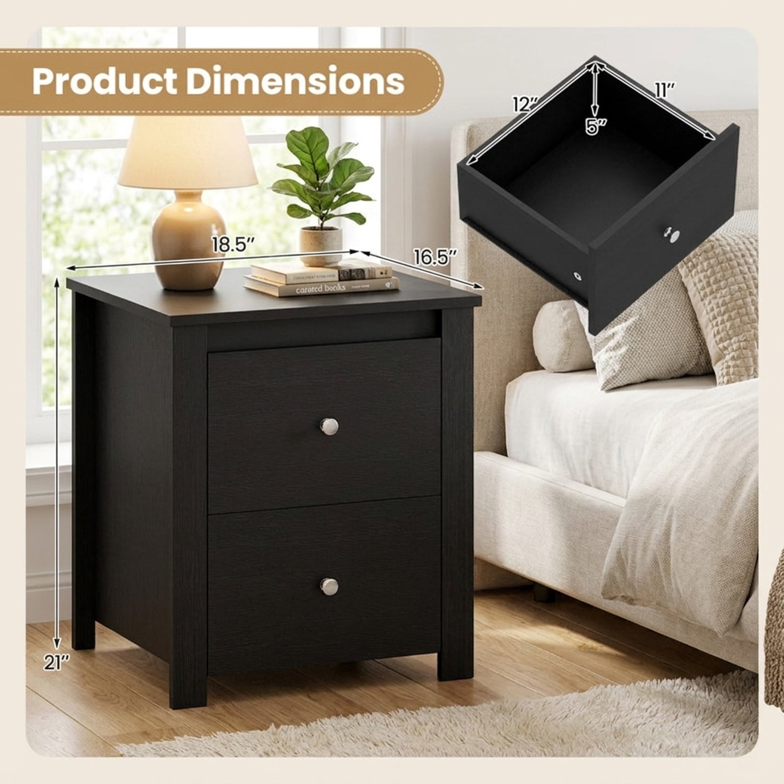 Furnibear Nightstand with 2 Drawers & Storage for Bedroom Living Room Small Spaces for Bedroom Living Room Bedside Sofa Side Small Space, Black