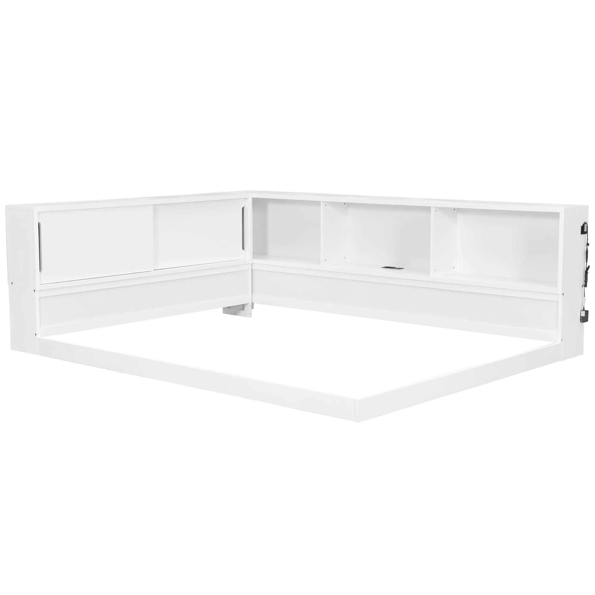 Euroco Wood Queen Size Daybed with Storage Shelves, USB Ports and LED Light, White