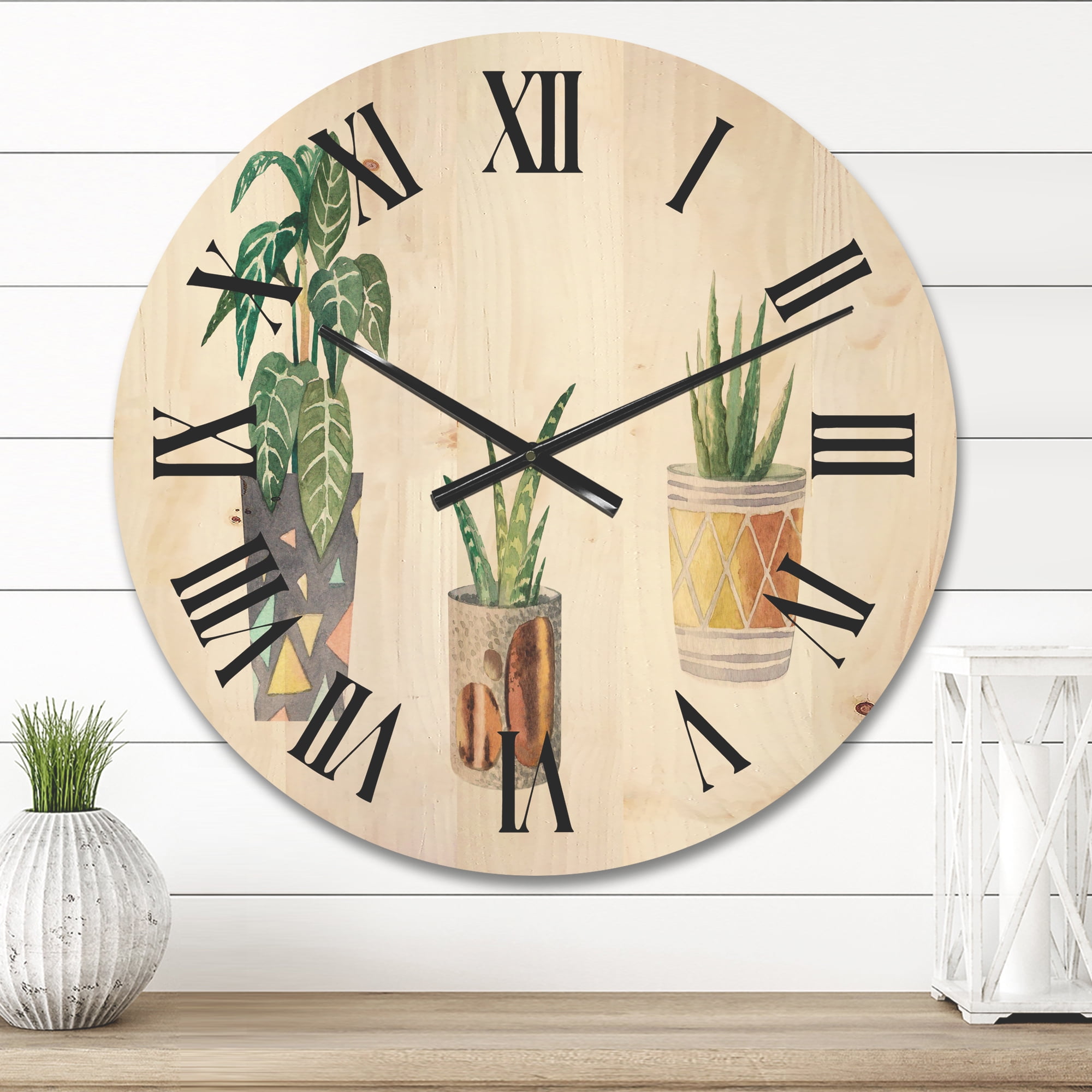 Designart 'Three Potted Houseplants On White' Traditional Wood Wall Clock