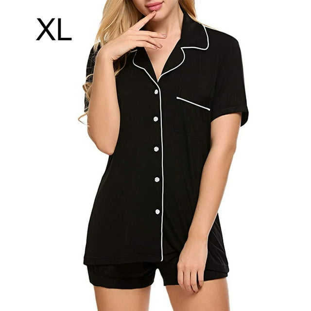 Hi,Fancy 2pcs Pajama Set Button-Down Striped Sleepwear Woman Summer Suit, Black, XL