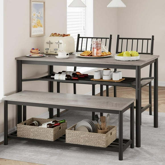 Dining Table Set for 4, Kitchen Table and 2 Chairs with Storage Bench, 47.2" Rectangular Kitchen Table Set with Wine Rack, Dining Room Table Set for Small Space, Apartment, Rustic Gray