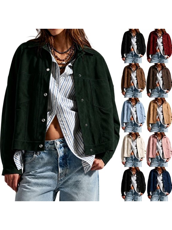 Women's Faux Suede Shacket Jackets Lightweight Cropped Coats, Long Sleeve Button Down Collared Casual Work Office Clothes with Patch Pockets,Women's,Size S-XXL