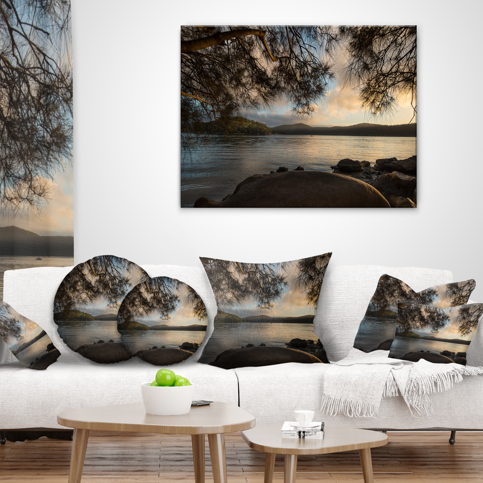 Designart Sunrise from Hawsbury River - Seashore Throw Pillow - 16x16