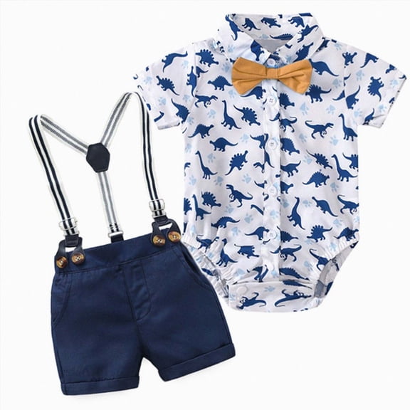 Xudanell Toddler Clothes for Boys Summer Outfit Baby Boy Bowtie Shirt Suspenders Shorts Kid formal Short Set Blue 9-12 Months