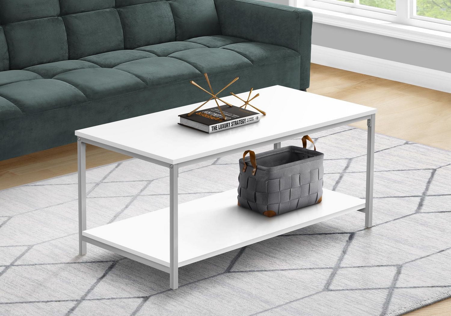 Monarch Specialties Coffee Table, Accent, Cocktail, Rectangular, Living Room, 40"l, Metal, Laminate, White, Grey, Contemporary, Modern
