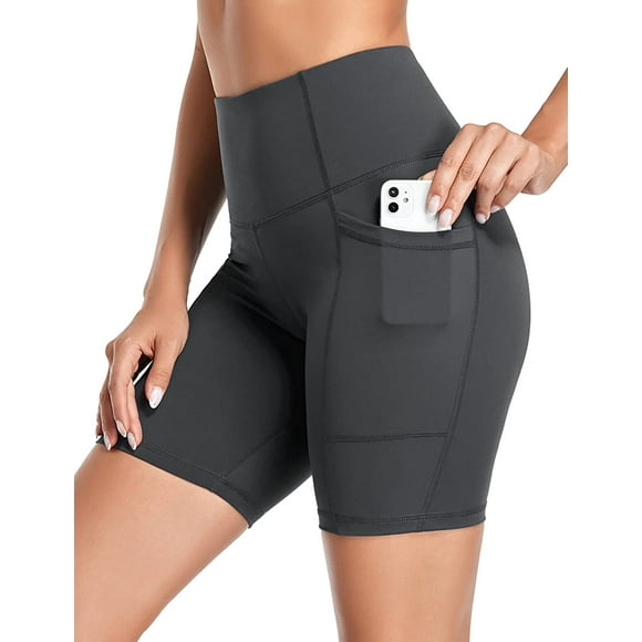 coastal rose Short d'Entraînement à la Taille Haute pour Motard pour Femme Short de Yoga à Contrôle du Ventre de 7 Po avec Poche Latérale, Gris Noir,