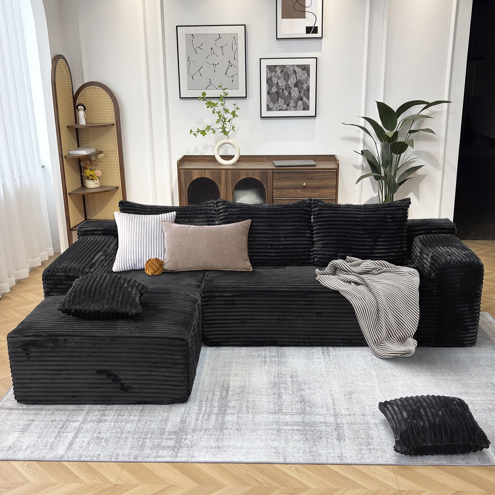 Kelyda 106'' Modular L-Shaped Sectional Sofa, Modern Faux Rabbit Fur Deep Seat Boneless Cloud Couches Black