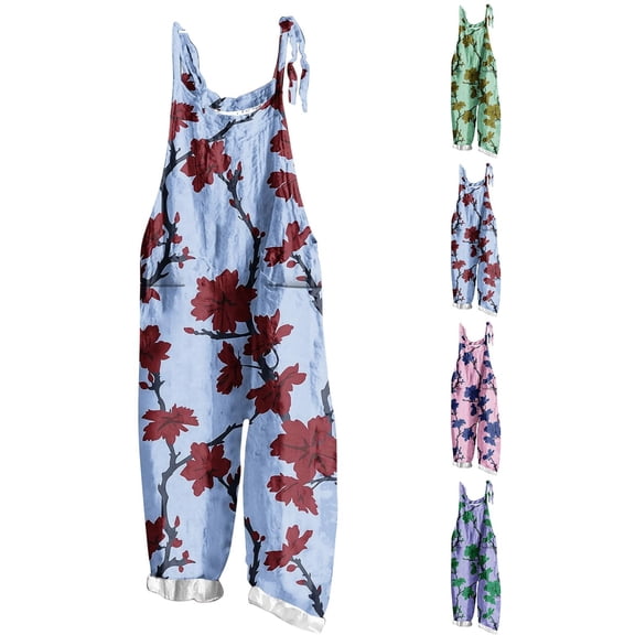 Sexlip Womens Sleeveless Overalls Jumpsuit Pants Rich Floral Print Adjustable Straps Soft Fabric Relaxed Silhouette for Outdoor Leisure Blue L