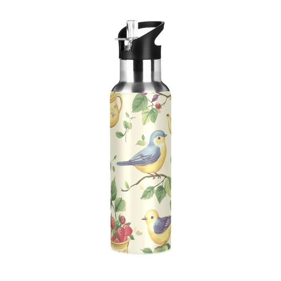 Yayeee 20oz Insulated Water Bottle Double Wall Stainless Steel with Flip Straw Lid, Birds with Strawberries