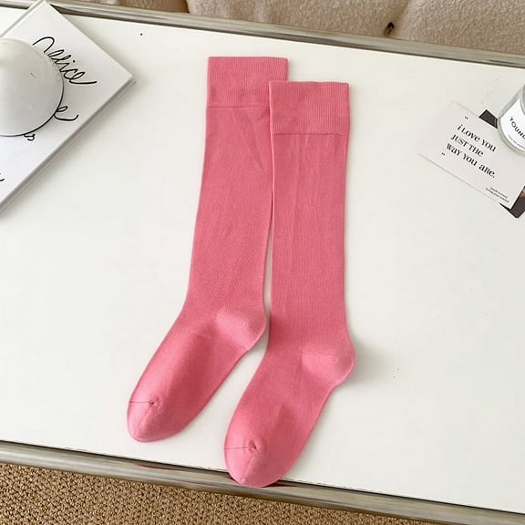 ERDOUY 3 Pairs Casual Tube Socks Cotton Knee High Socks for Women Solid Knit Knee Long Stocking All Season Gift，Stretch，Soft（Pink）