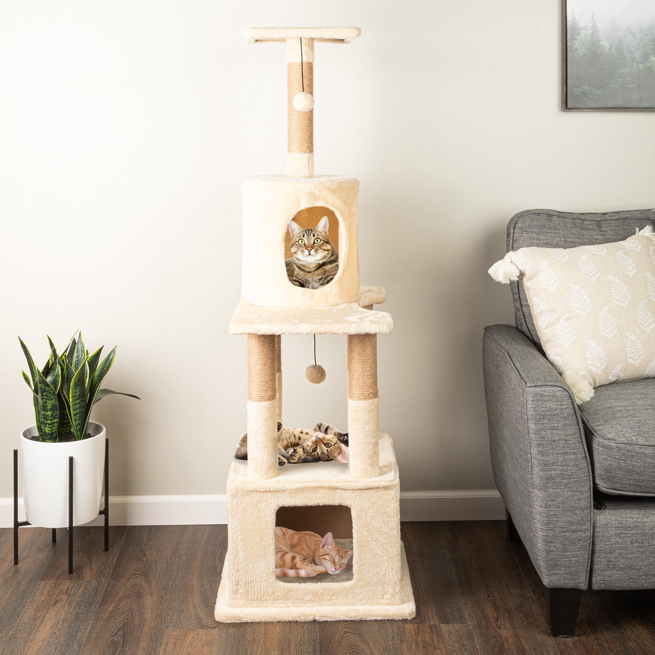 PETMAKER 57in Tall Cat Tree with Kitty Condos, Perches, Scratching Posts, and Hanging Toy (Beige)