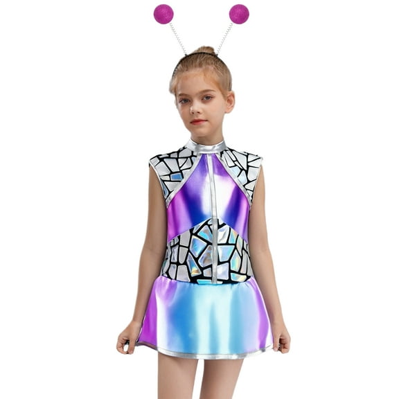 Eandarui Alien Girls Fancy Dress Outer Space Themed Party Outfits Metallic Roleplay Costumes Dress with Alien Hair Hoop Blue Hot Pink 8