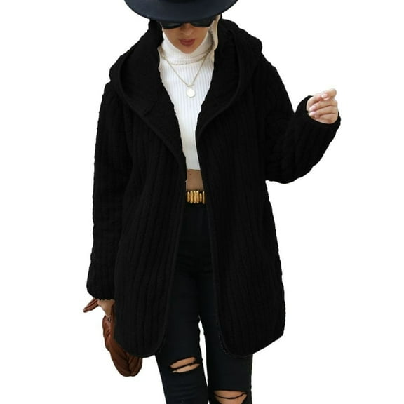 SWSMCLT Women's Long Sleeve Cardigan Fleece Coat Casual Spring Coats Winter Coat Fuzzy Hooded Open Front Cute Pocket Warm Black X-Large