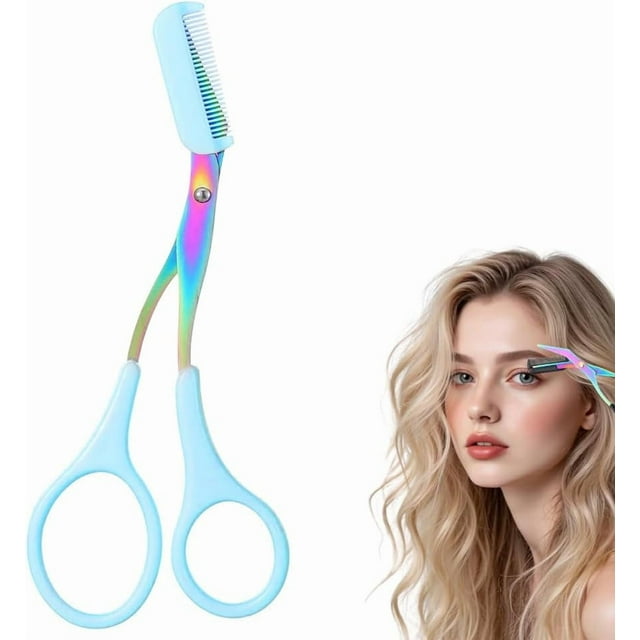 Eyebrow Trimmer Scissor, 2-in-1 Professional Eyebrow Scissor with Comb, Stainless Steel Precision Eyebrow Cutter, Curved Eye Brow Razor, Portable Hair Removal Makeup Tool for Women and Men .,Blue