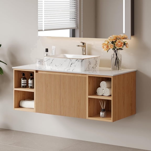 FHKJ HOME 48" Modern Floating Bathroom Vanity, White Sintered Stone Top & Ceramic Sink, Light Wood