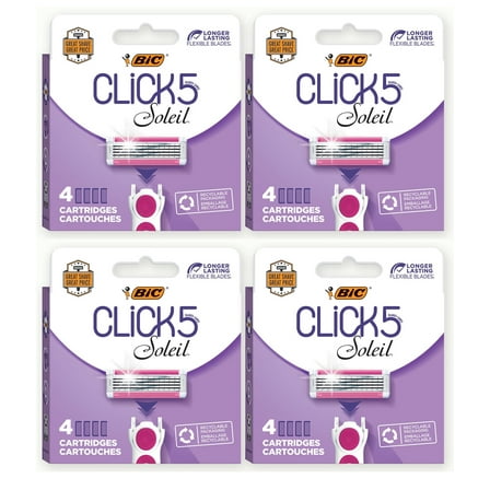 (4 packs) BIC Click 5 Soleil Women's Razor Refills with 5 Flexible Blades and Recyclable Box, Pink, 16 cartridges in total (four boxes of four)
