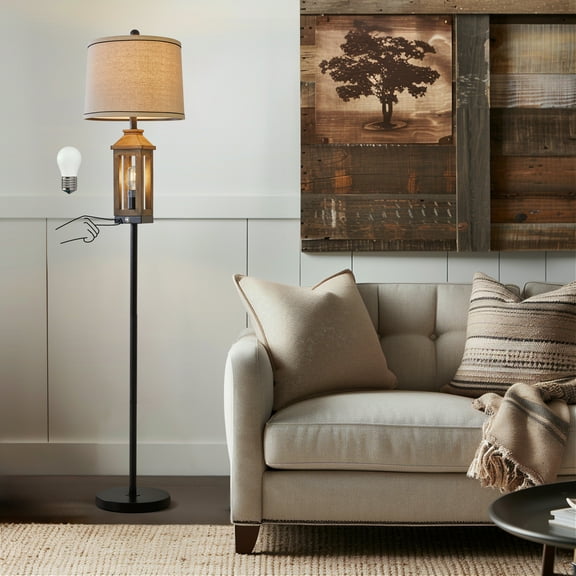 Oneach 63" 3 Way Dimmable Farmhouse Floor Lamp with 2 Light Sources ,Brown Metal Tall Standing Lamp for Bedroom, Living Room, Home