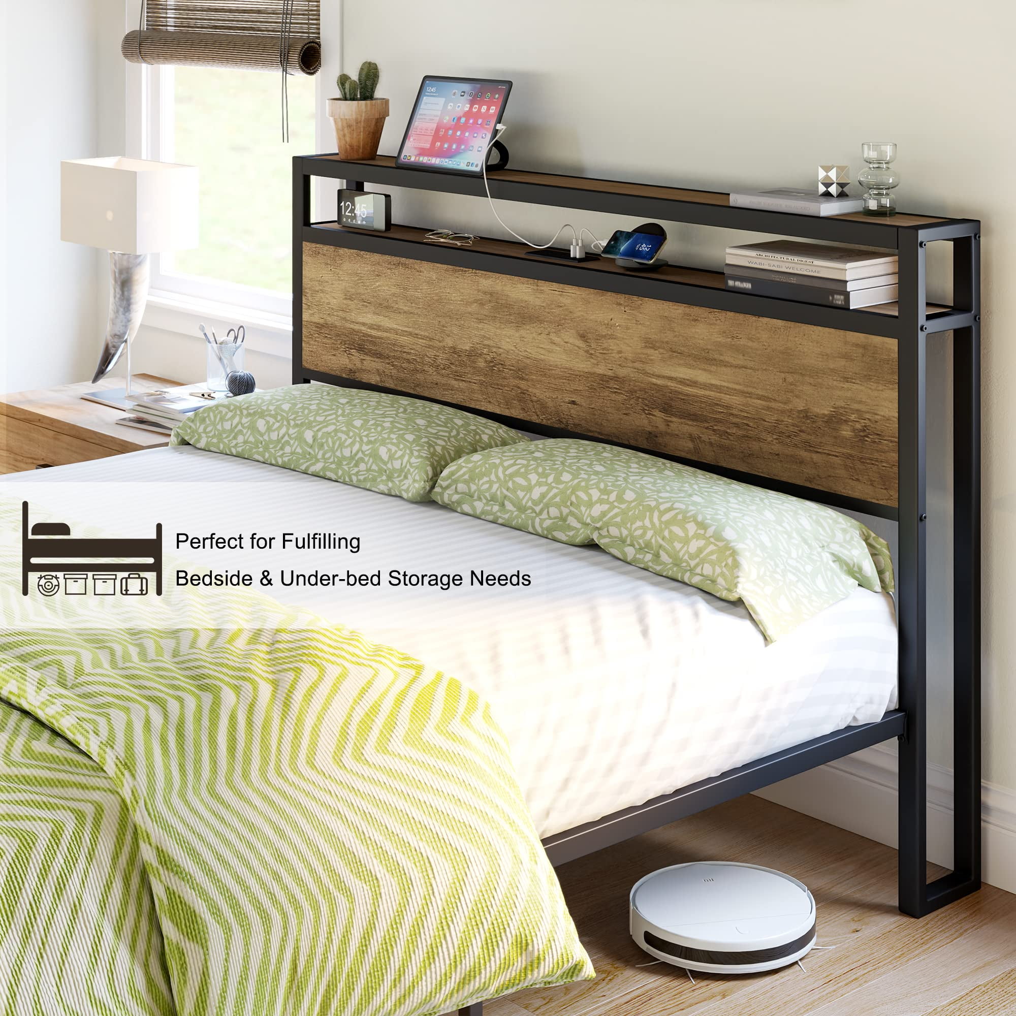 VanAcc Metal King Size Bed Frame with 2-Tier Storage Headboard and Charging Station, Light Brown