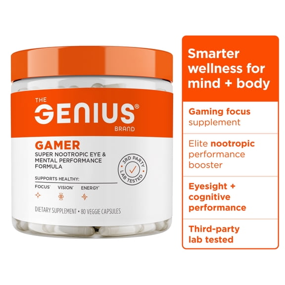 Genius Gamer, Gaming Focus Supplement - Elite Nootropic Performance Booster - Boost Brain & Mental Clarity, Reaction Time & Concentration - Blue Light Support with Lutemax - 80 Pills