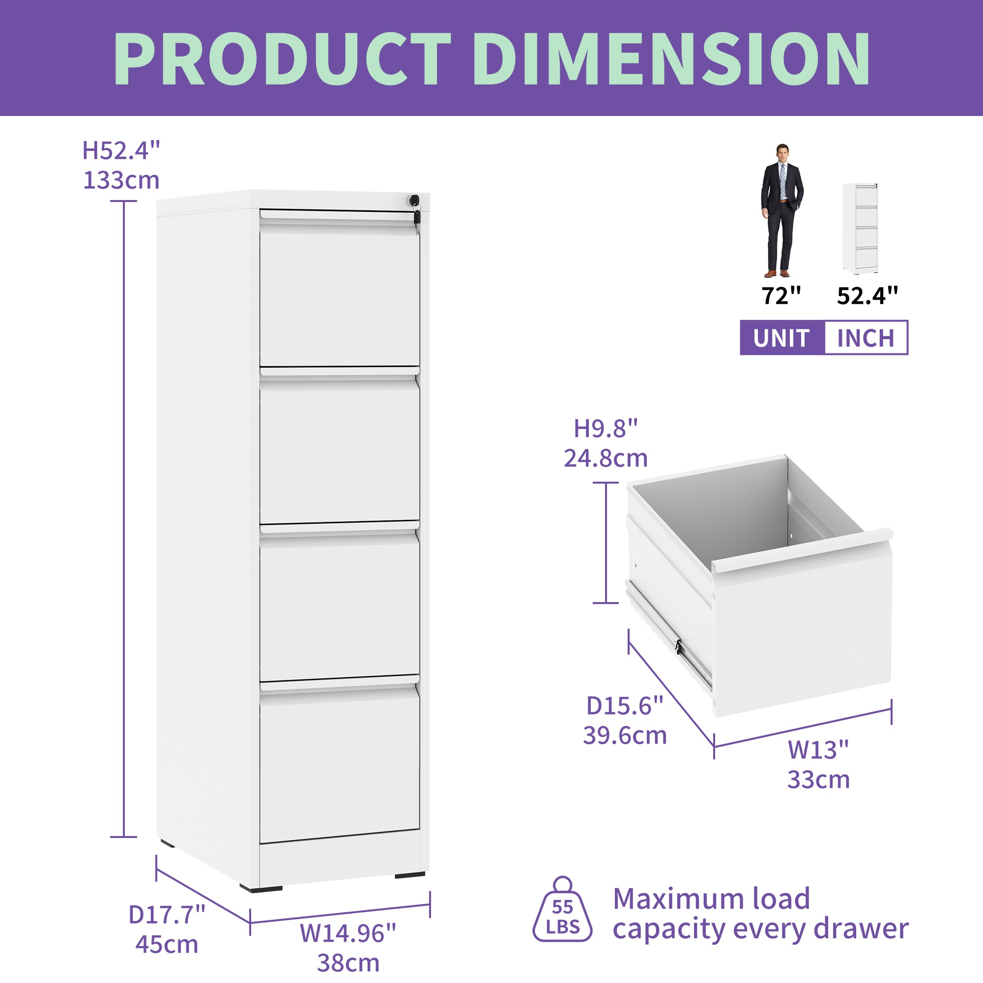 4 Drawer Metal Vertical File Cabinet with Lock Office Home Steel Vertical File Cabinet for A4 Legal/Letter Size