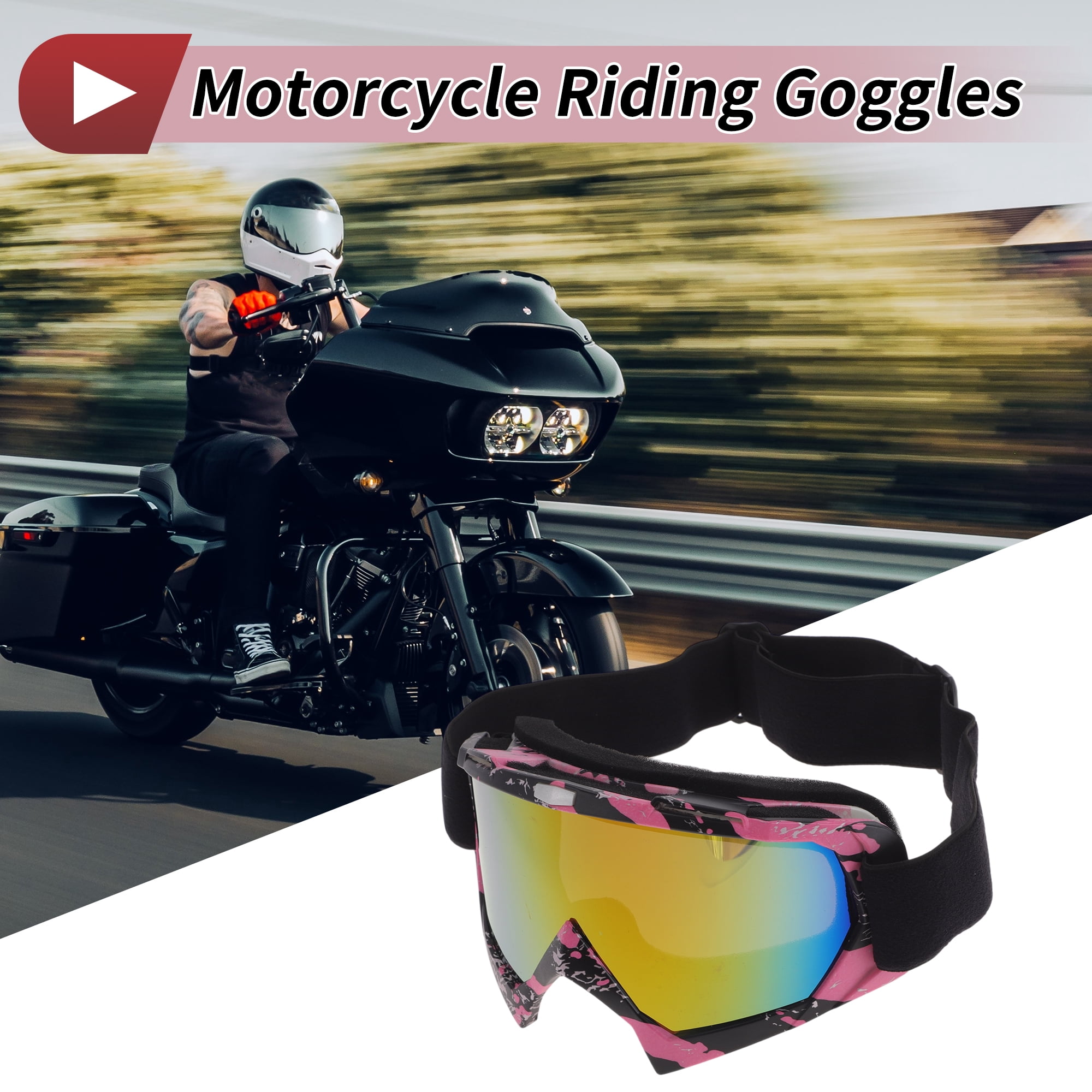 Unique Bargains Motorcycle Riding Goggles PC TPU Cycling Sunglasses Colorful Lens Black Pink Frame