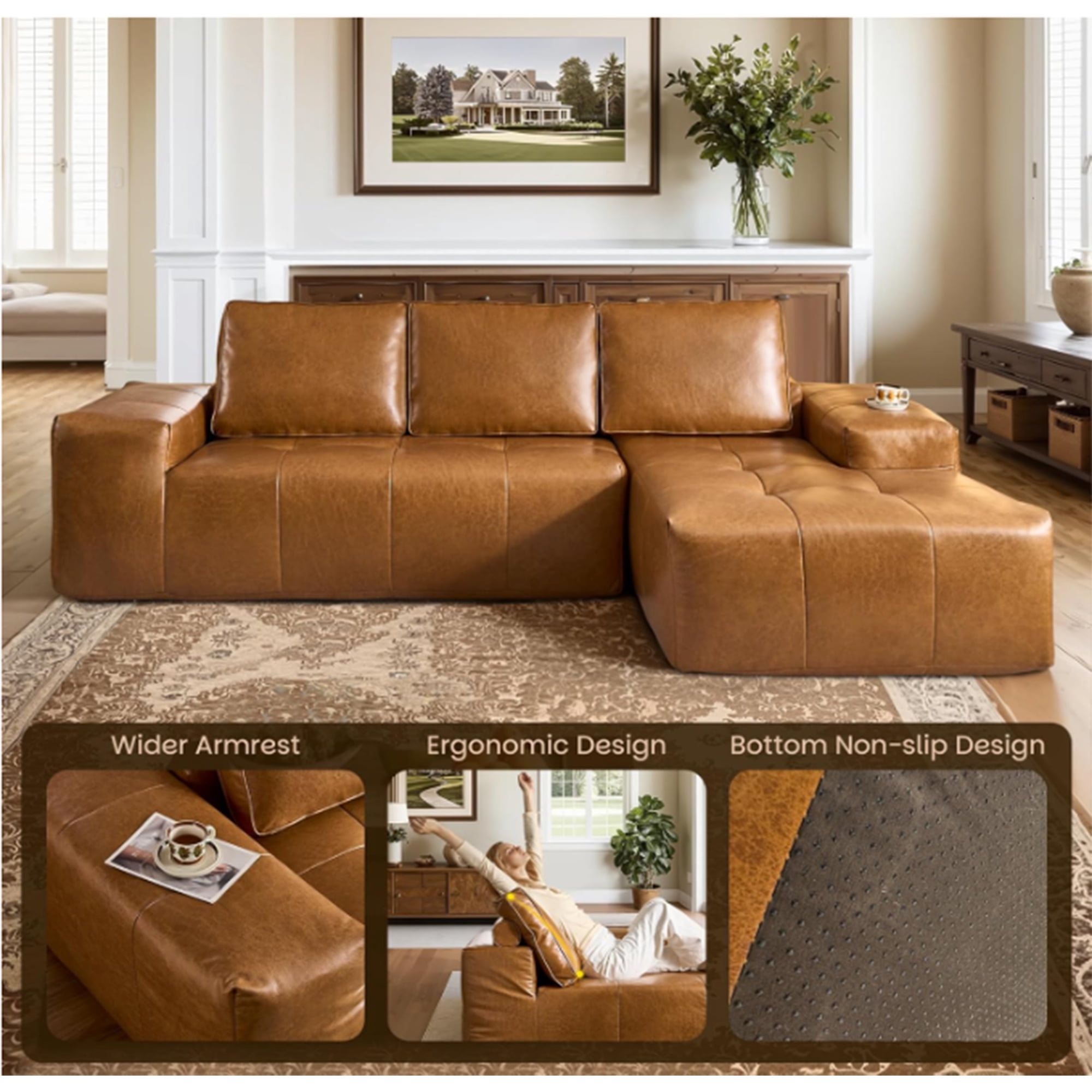 Boneless Brown Faux Leather Cloud Sectional Sofa with Chaise,L Shaped Modular Deep Seat Sofa Couch, No Assembly Required,Right-Hand Facing