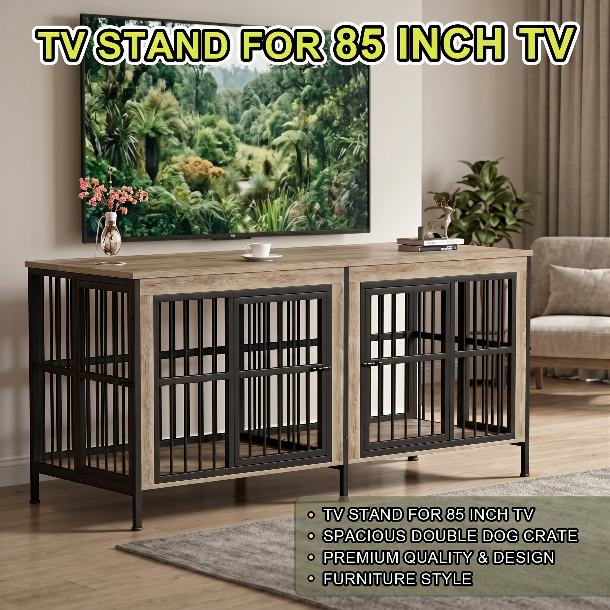 YOKWOK 78 Inch Dog Crate Furniture for Large Dogs with Removable Divider, Double-Doors Dog Kennel Furniture, Thick Wooden Dog Cage Furniture, Ivory