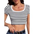 thumbnail image 3 of KelaJuan Women Short Sleeve T-Shirts Summer Stripe Basic Fitted Crop Tops for Party Streetwear, 3 of 6