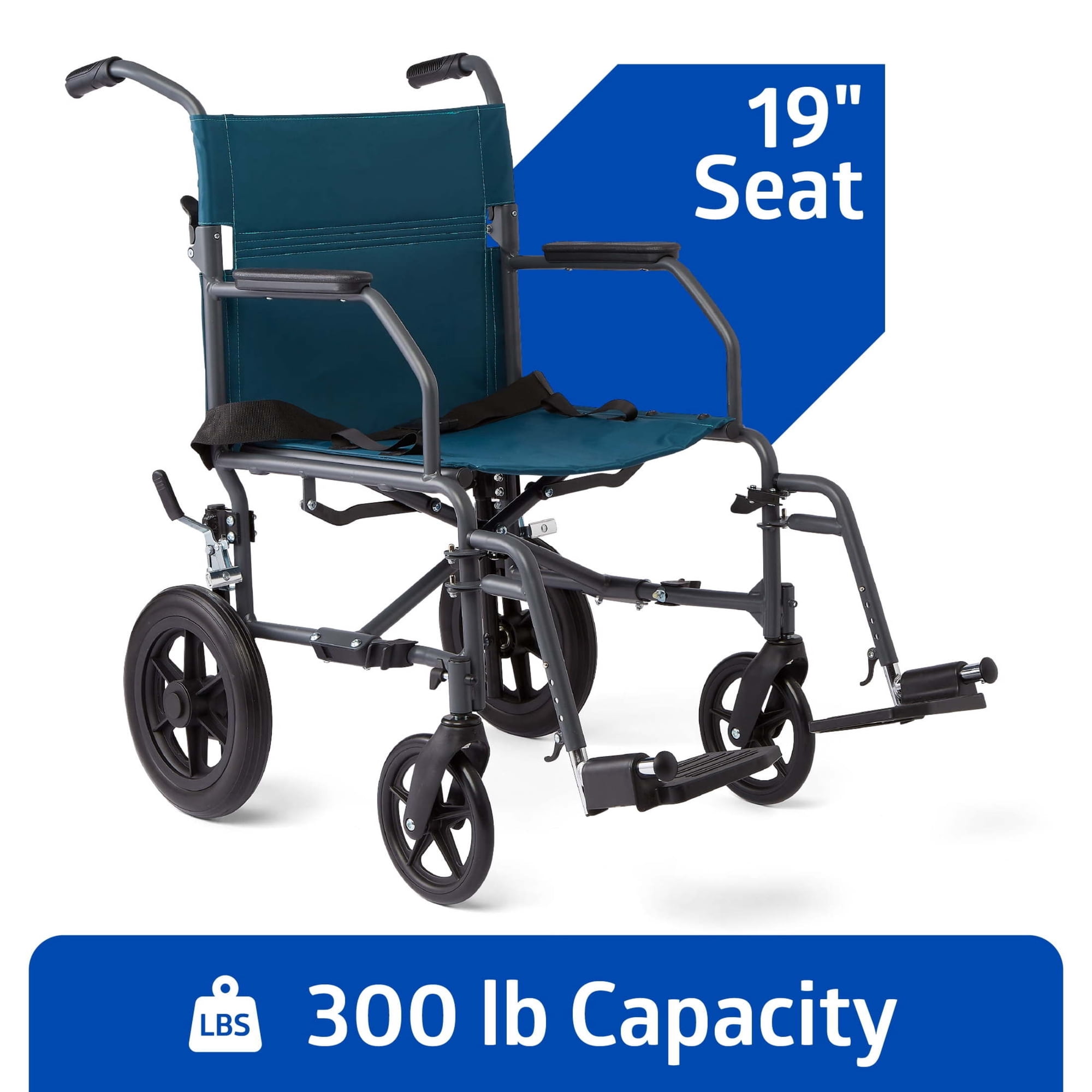 Medline Transport Wheelchair, Durable Steel Frame, Full-Length Arms and Swing-Away Footrests, 300 lb Capacity, Teal