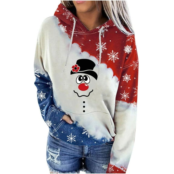 Odeerbi Christmas Crewneck Sweatshirt For Women Hoodied Sweatshirts Fashion 2025 Casual Printed Long Sleeve Blouse Pocket Pullover Tops Red