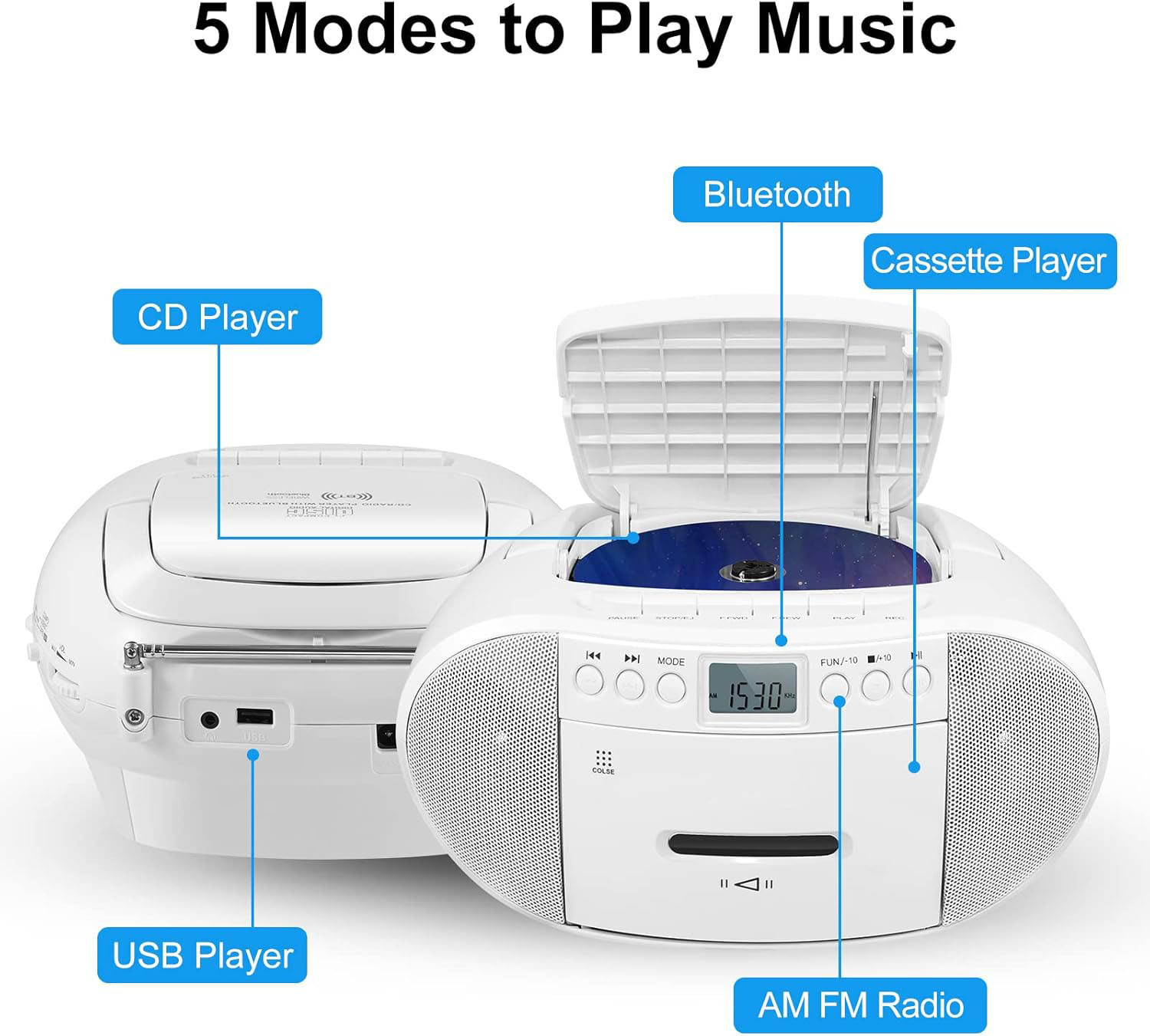 Prociv Portable CD Cassette Boombox with Bluetooth, White photo 7