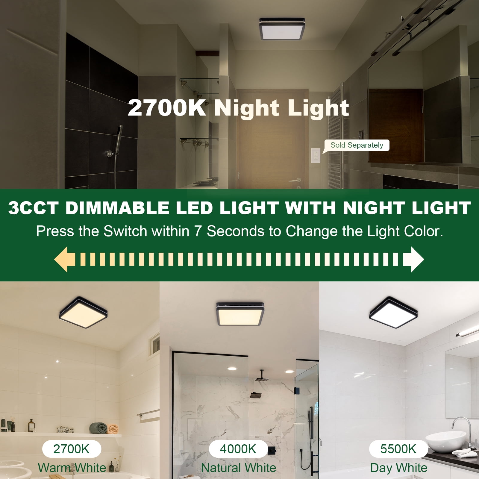 Akicon Bathroom Exhaust Fan with Light, 80CFM 2.0 Sones, 15W Dimmable 3CCT LED, 3.5W Nightlight, Square Ceiling Vent Fan for Home, Black