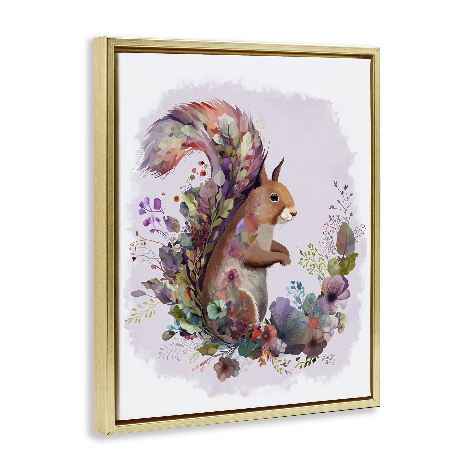 Stupell Industries Squirrel & Floral Garland Animals & Insects Painting Gold Floater Framed Canvas Art Print Wall Art, 25 x 31