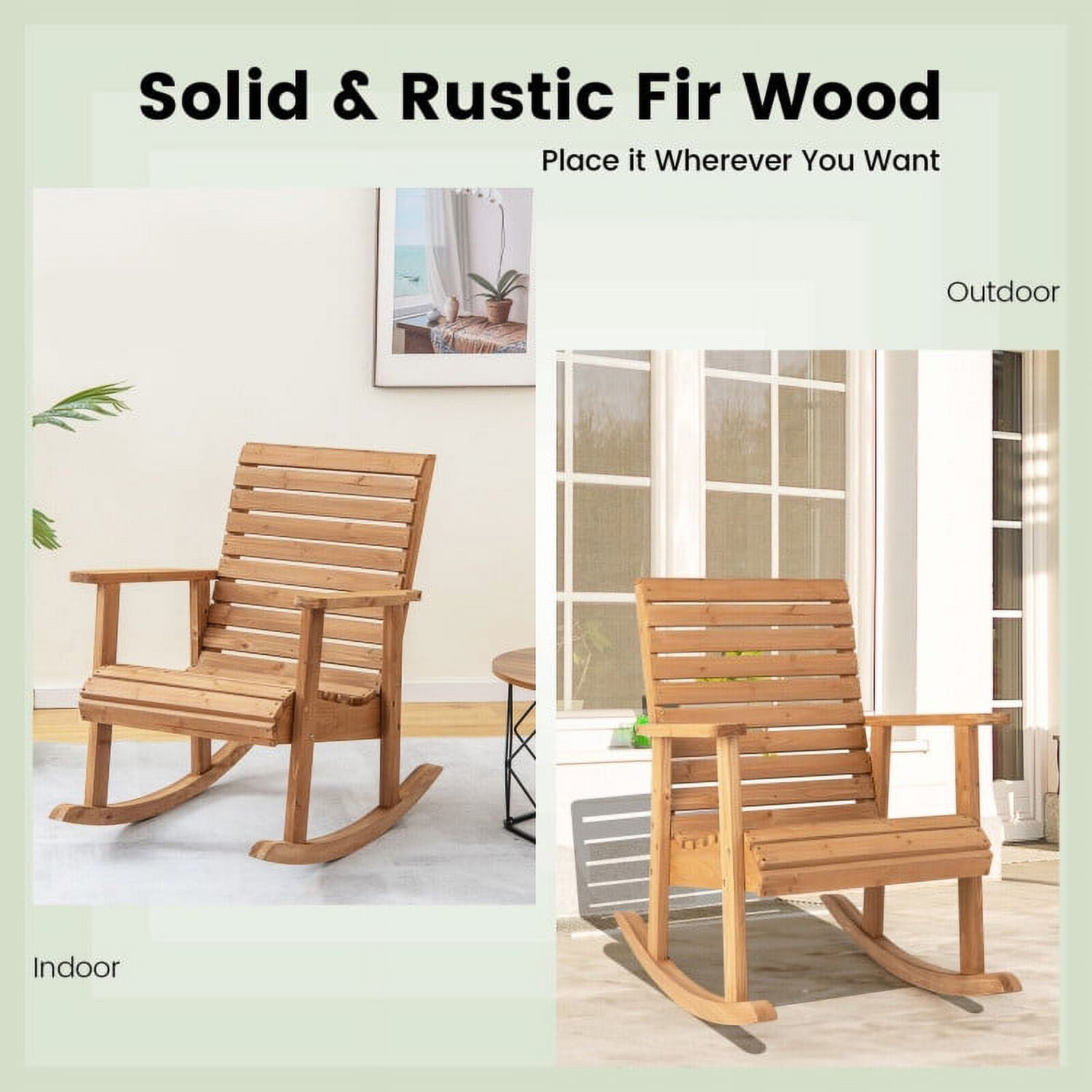 Aimee Lii Outdoor Rocking Chair with Armrests, Patio Wooden Rocker Chair for Lawn, Porch, Backyard, Indoor and Garden, Natural