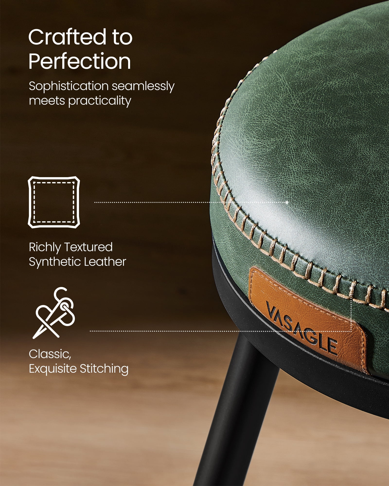 VASAGLE EKHO Collection - Bar Stools Set of 2, Counter Height Swivel Bar Stools with Back, Synthetic Leather with Stitching Forest Green